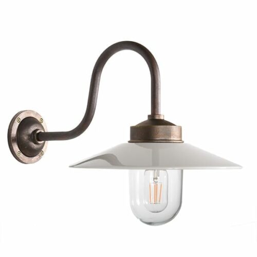 Staldlampe Koster svanehals antik messing/hvid skærm